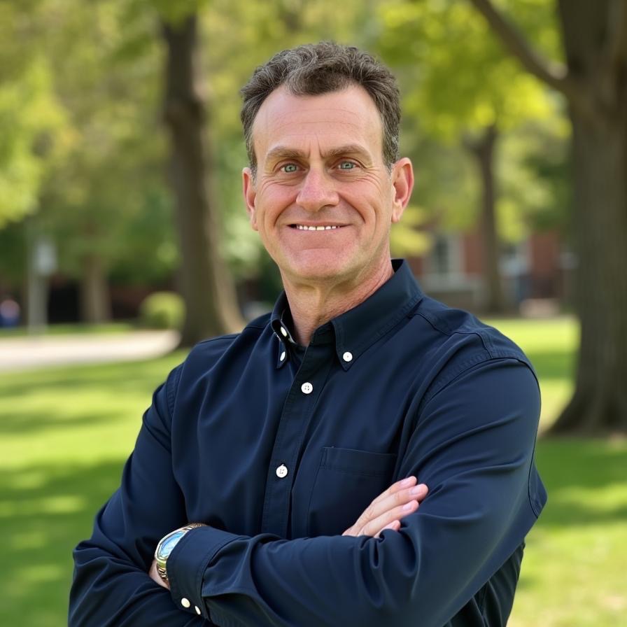 TJ Holland outdoors, wearing a navy shirt and smiling